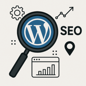WordPress logo with a magnifying glass and SEO-related icons